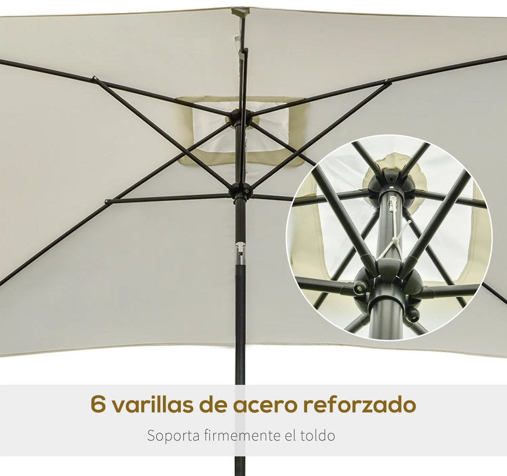Outsunny Chapéu de Sol de Alumínio 200x300x240cm Chapéu de Sol Retangular de Jardim Inclinável com Manivela e Mastro Desmontável para Terraço Piscina Pátio Exterior Creme