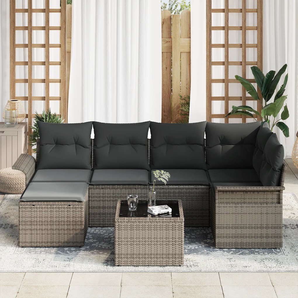 Conjunto de Sofás para Jardim de 6 Peças com Almofadas em Vime Preto,