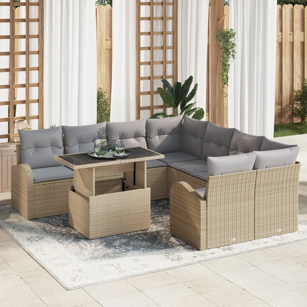 Conjunto de Sofá Jardim vidaXL 9 Peças com Almofadas Bege Vime Polivim