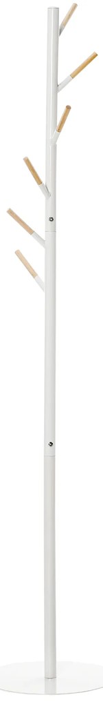 HOMCOM Cabide de Pé de Madeira com 6 Ganchos para Roupa Bolsas e Estrutura de Metal 35x35x174cm Branco e Madeira