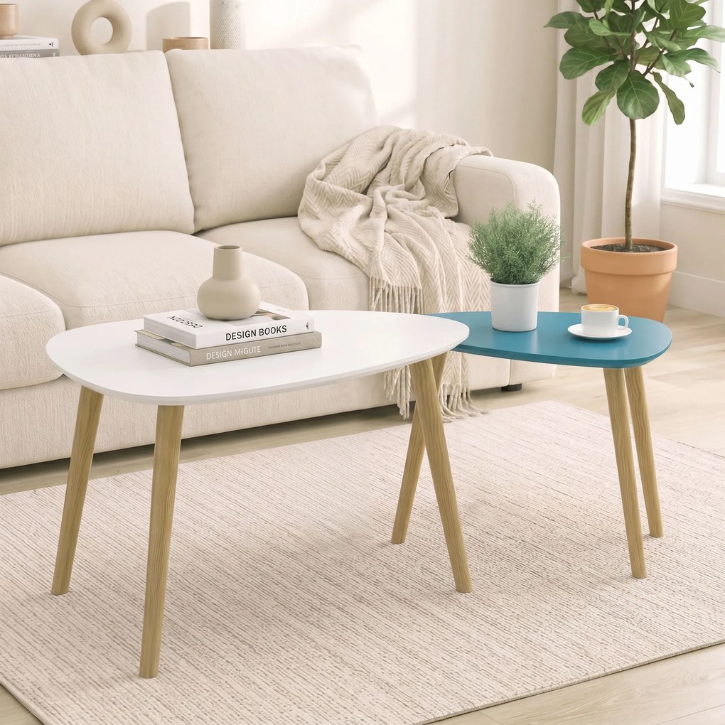Conjunto de 2 mesas baixas encaixáveis de design escandinavo, com pés e tampo em madeira, nas cores branco e azul