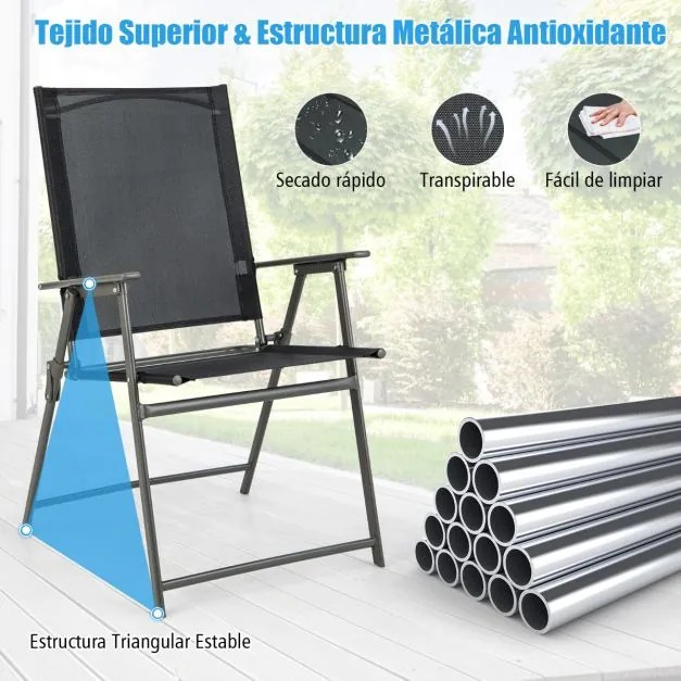 Conjunto de 2 cadeiras de jardim dobráveis com encosto alto Cadeira de jardim exterior portátil em metal de tecido resistente Pretas