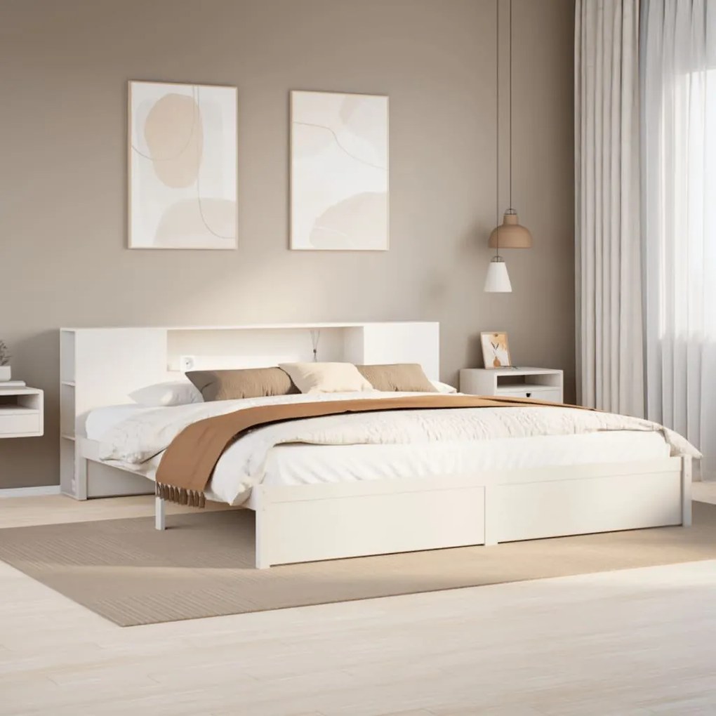 vidaXL Cama com estante sem colchão 180x200 cm pinho maciço branco