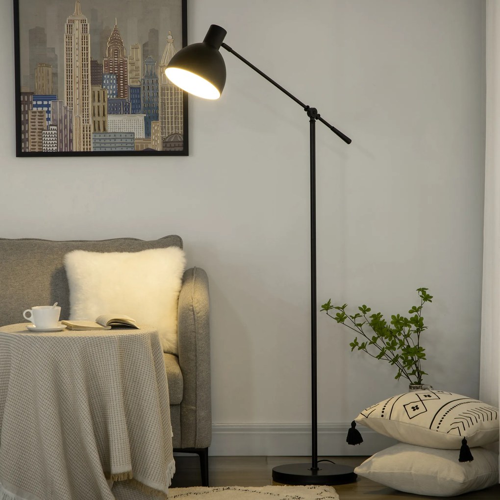 Candeeiro de pé para sala de estar, 40 W, altura ajustável, abajur e braço orientável, interruptor de pé, casquilho E27, preto