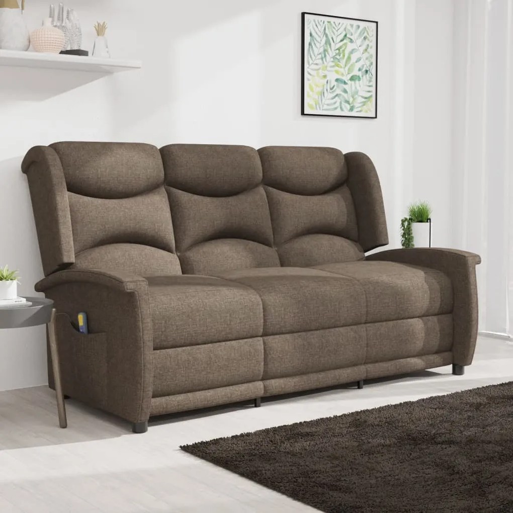 vidaXL Poltrona de massagens reclinável 3 assentos tecido castanho