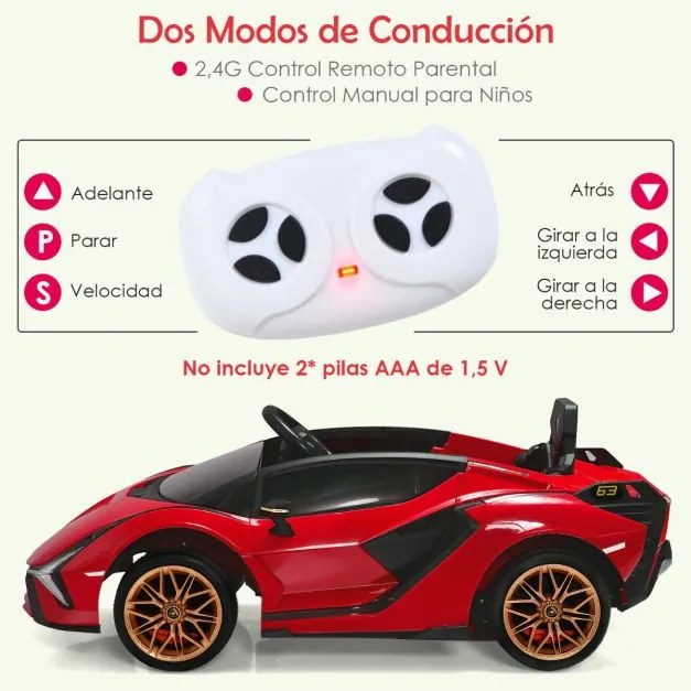 Carro elétrico para crianças bateria de 12 V Lamborghini com controlo remoto Luzes LED Música MP3 Buzina 108 x 64 x 41 cm Vermelho