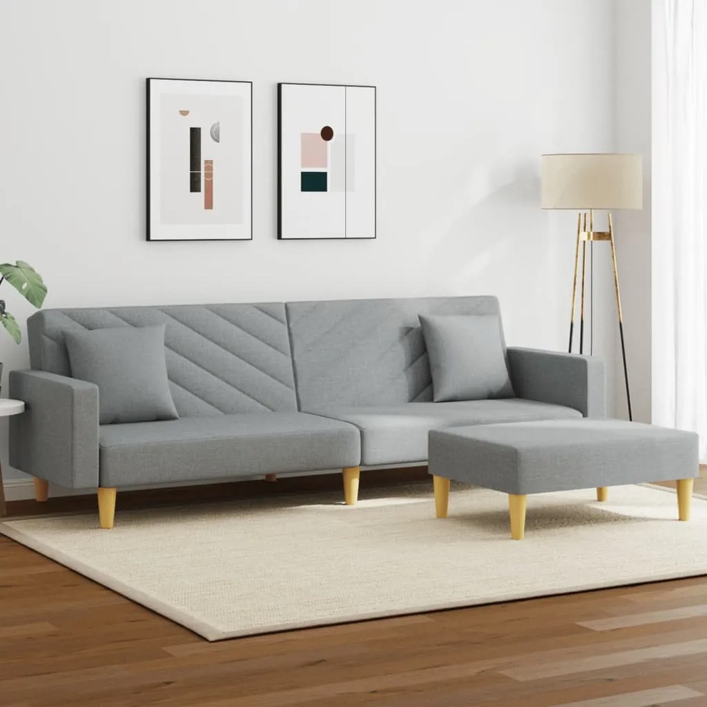 vidaXL Sofá-cama 2 lugares c/ almofadas e apoio pés tecido cinza-claro