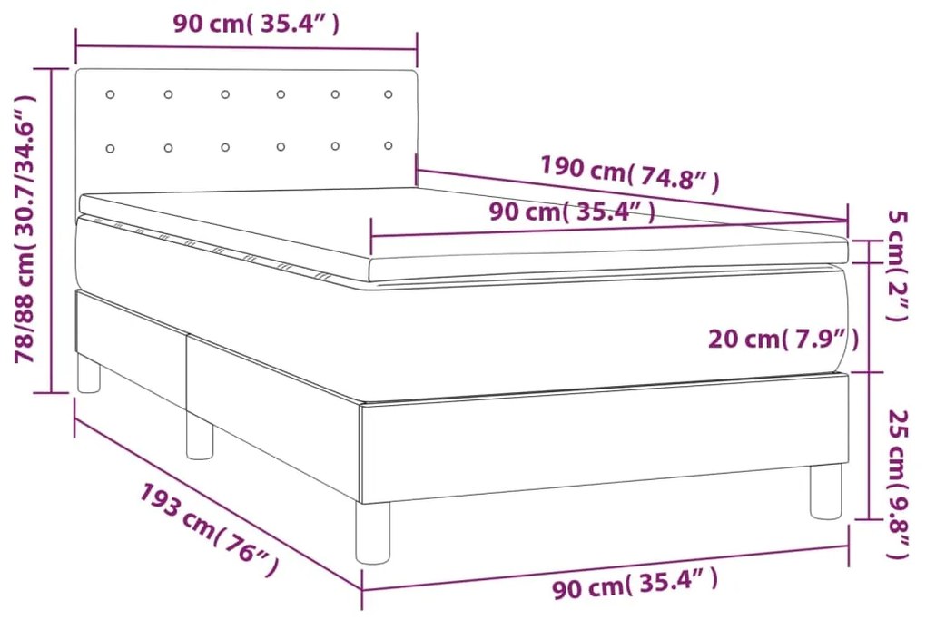 Cama box spring c/ colchão/LED 90x190cm couro artif. cappuccino