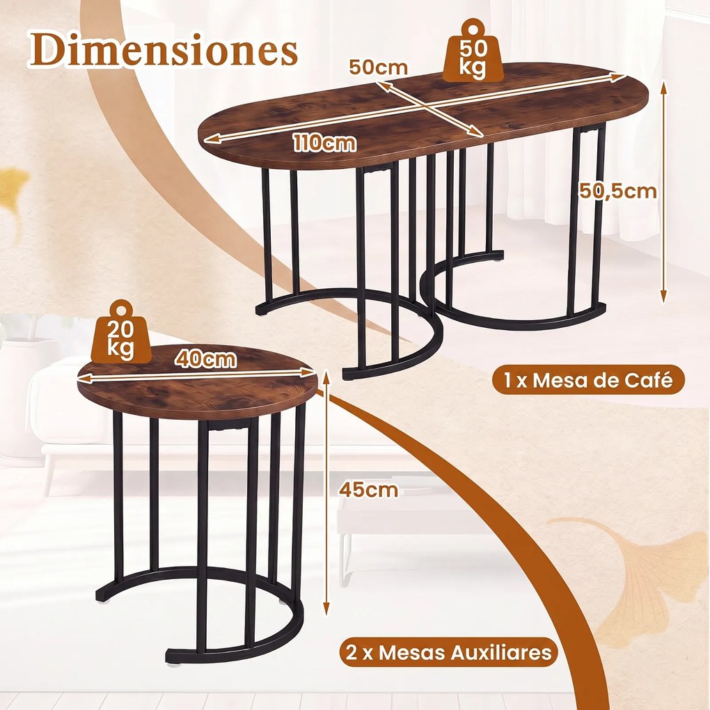 Conjunto de 3 Mesas de centro, Design Empilhável, Castanho+Preto