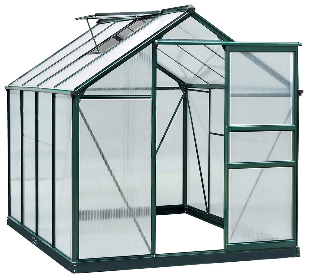 Outsunny Estufa de Jardim 2x2,5m de Policarbonato e Alumínio Estufa com Clarabóia Proteção UV 30 e Base 4,79 m² para Vasos Cultivos de Plantas e Flores Transparente