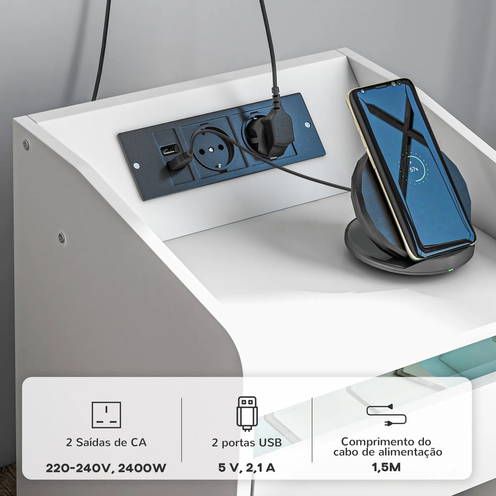 Mesa de Cabeceira com Luzes LED Gaveta Prateleira Estação de Carregamento Entrada USB e Controlo Remoto 40x40x58 cm Branco