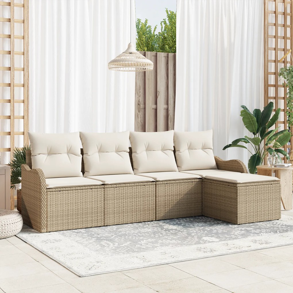 Conjunto de Sofá de Jardim vidaXL 5 Peças com Almofadas Bege Rattan Poliéster