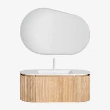 Conjunto De Móvel De Casa De Banho Suspenso Em Madeira Com Lavatório Integrado Carsone Madeira Natural & Sem Unidade Auxiliar & Oval Led E Anti-embaci