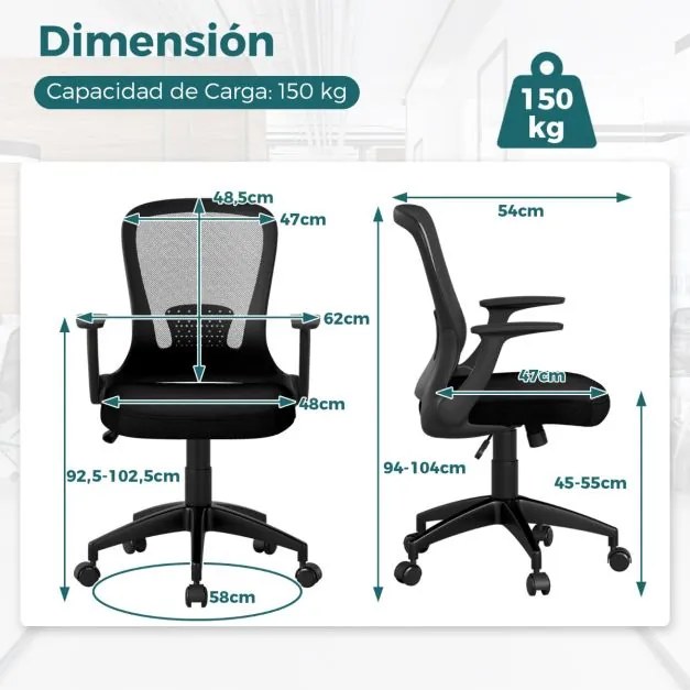 Cadeira de escritório ergonómica em malha com encosto ajustável e braços rebatíveis para escritório 62 x 54 x 94-104 cm Preto