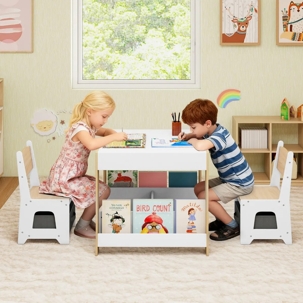 Conjunto de mesa e cadeiras para crianças Mesa de atividades em madeira com tampo reversível Prateleiras para livros e gavetas Natural + Branco