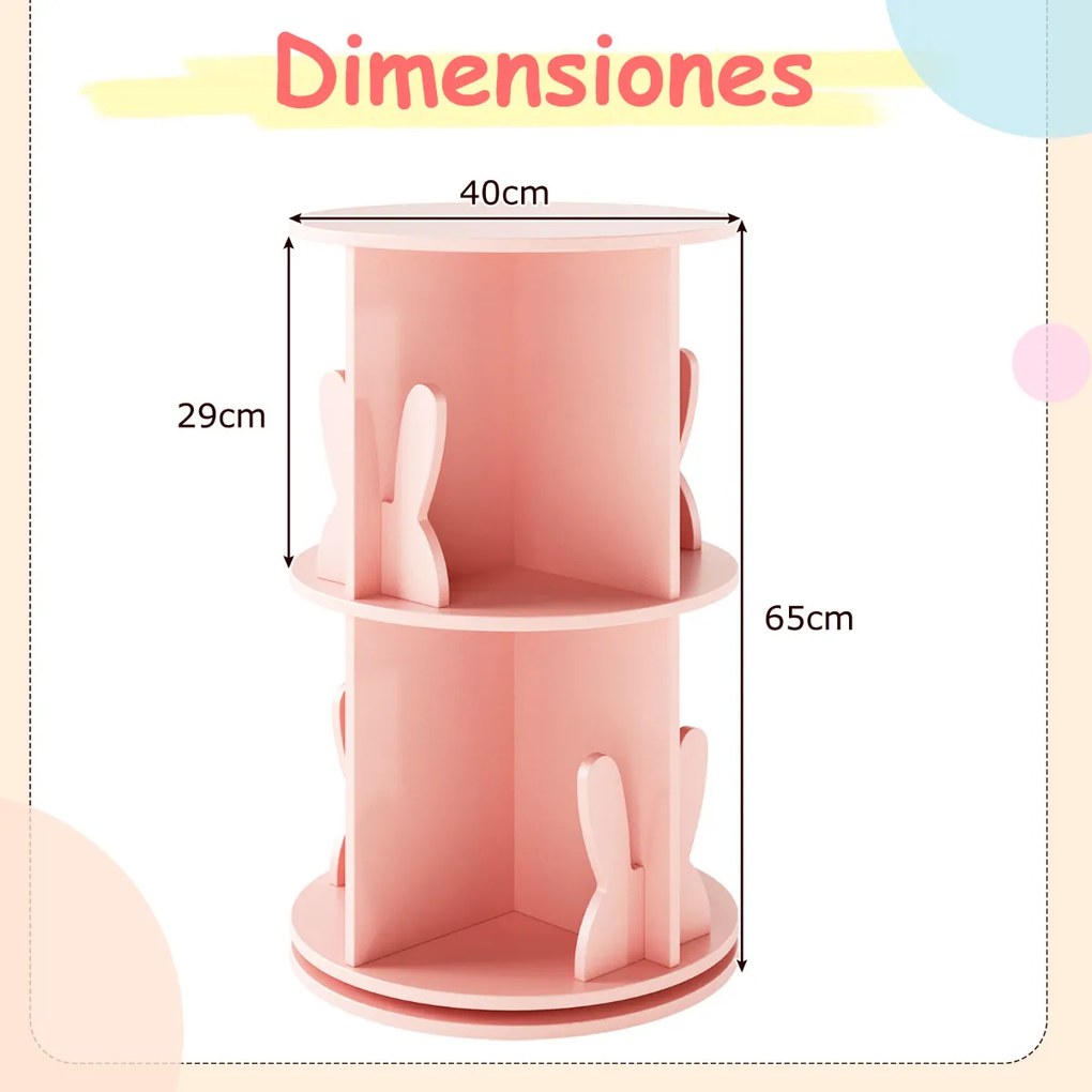 Estante giratória para crianças 40 x 40 x 65 cm Estante infantil com 2 níveis e separadores em forma de coelho  Rosa