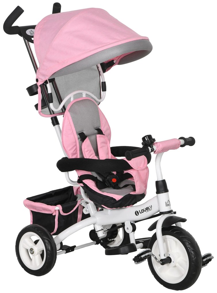 HOMCOM Triciclo Evolutivo para Bebés de +12 Meses 2 em 1 com Toldo Dobrável Guiador Cinto de Segurança e Cesto 95x50x106 cm Rosa