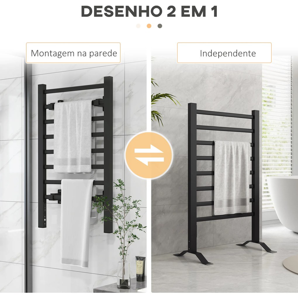 HOMCOM Toalheiro Elétrico de Parede ou Solo 150 W Aquecedor de Toalhas de Liga de Alumínio com Função de Temporizador e 8 Barras para Casa de Banho 53x35x90 cm Preto