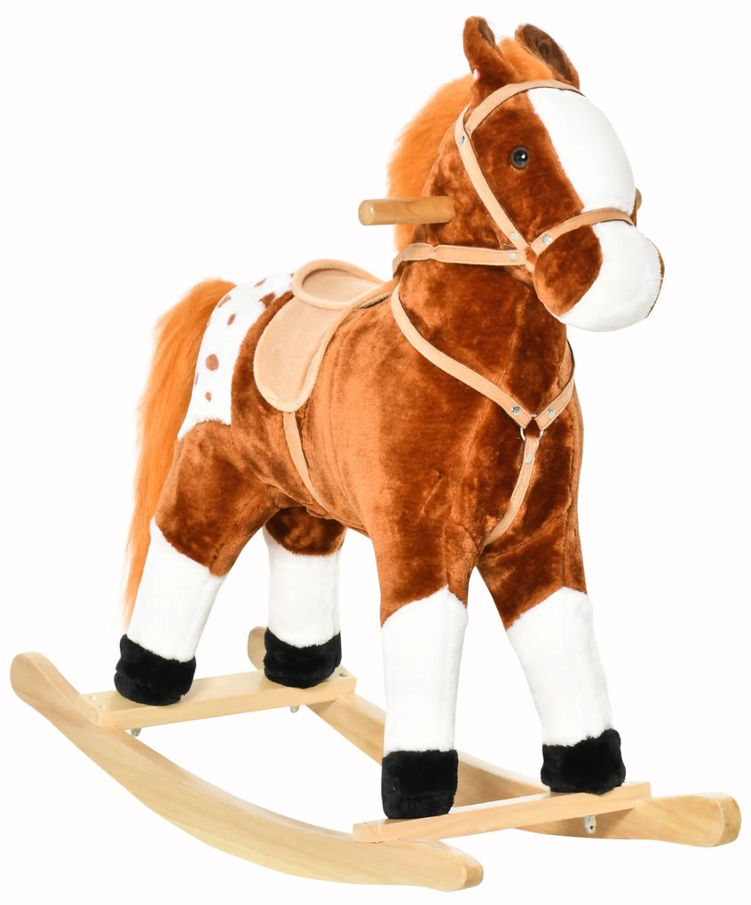 HOMCOM Cavalo Baloiço de Pelúcia para Crianças entre 3-6 Anos com Sons de Relincho 74x28x65 cm Marrom | Aosom Portugal