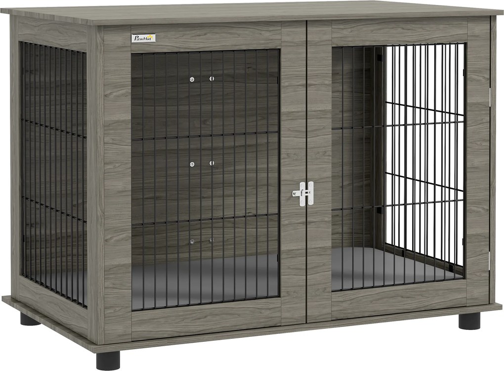 PawHut Gaiola para cão 2 em 1 mesa de apoio com almofada de pelúcia removível porta com fecho 100 x 60 x 73,5 cm cinza | Aosom Portugal