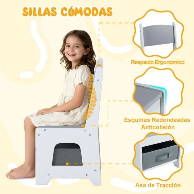 Conjunto de mesa e cadeiras para crianças Mesa de atividades em madeira com tampo reversível Prateleiras para livros e gavetas Cinzento + Branco