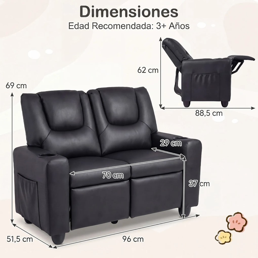 Sofá Infantil Duplo Reclinável, 96 x 51,5 x 69 cm, Espuma de Alta Densidade, Preto