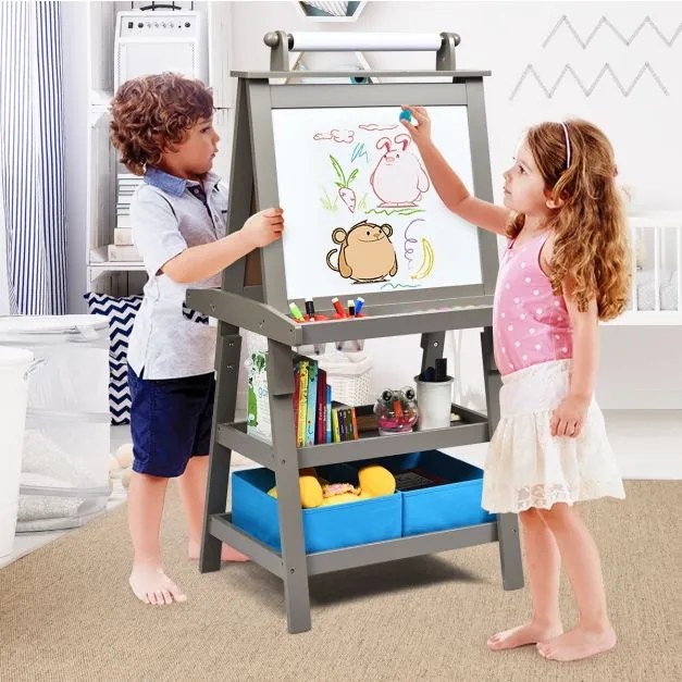 Cavalete infantil de dupla face 3 em 1 com 2 prateleiras 2 caixas e tabuleiro grande 59 x 50 x 117 cm Cinzento