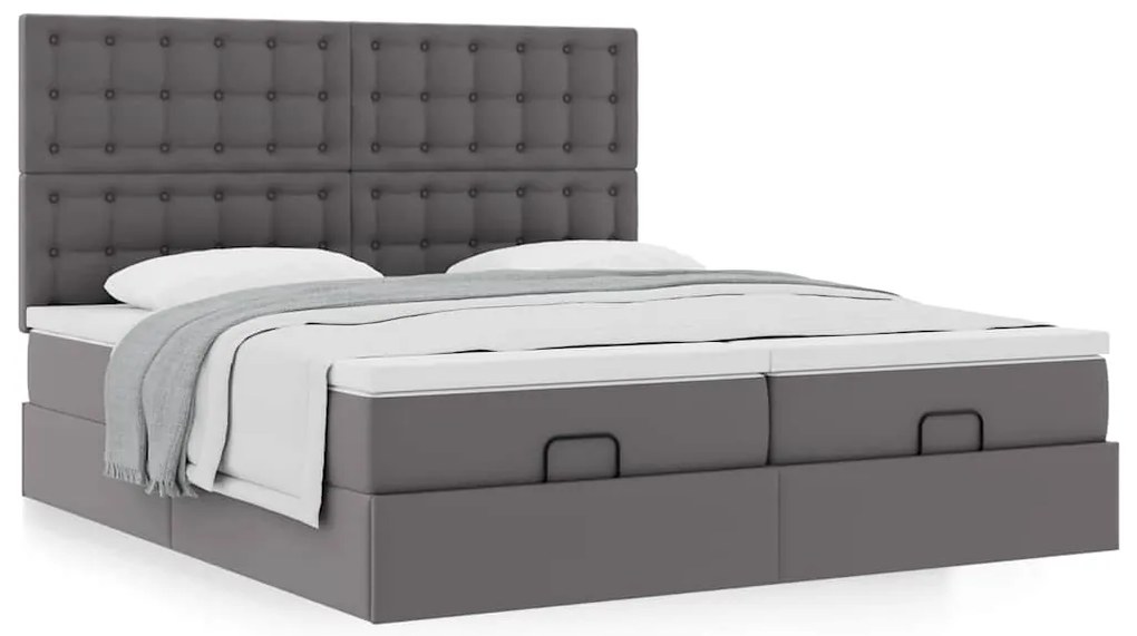 Estrutura de cama otomana com colchão cinza couro falso