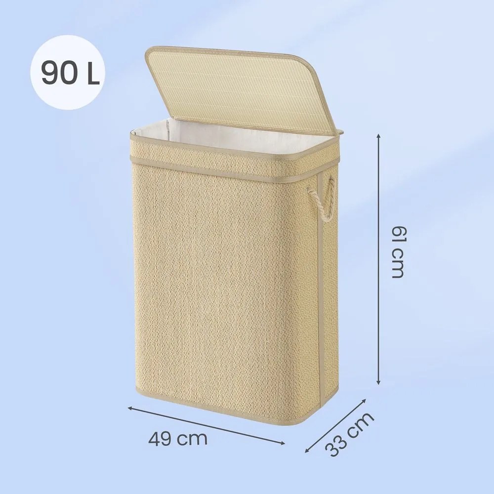 Cesto para roupa suja em bambu 90 L, saco para roupa suja removível e lavável, 49 x 33 x 61 cm natural