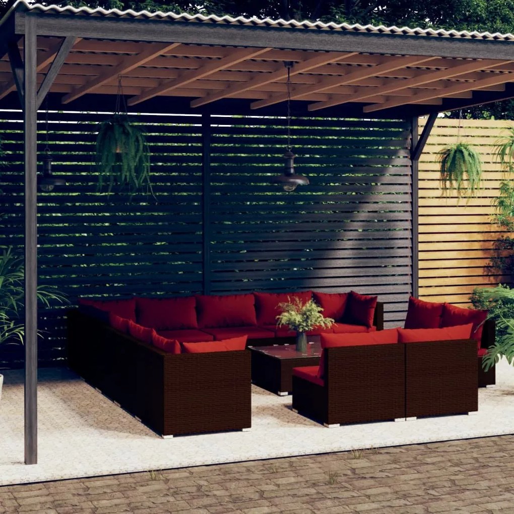vidaXL 14 pcs conjunto lounge jardim c/ almofadões vime PE castanho
