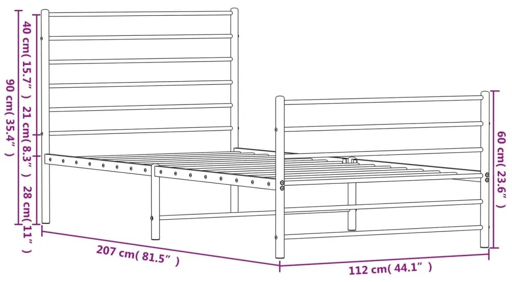 Estrutura de cama com cabeceira e pés 107x203 cm metal preto