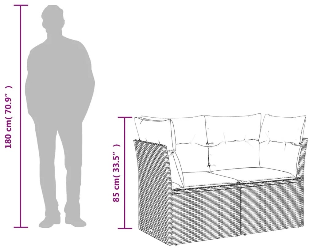 9 pcs conjunto sofás p/ jardim com almofadões vime PE cinzento