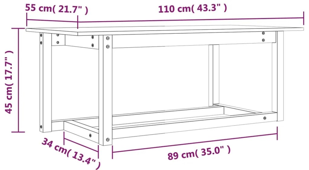 Mesa de centro 110x55x45 cm madeira de pinho maciça