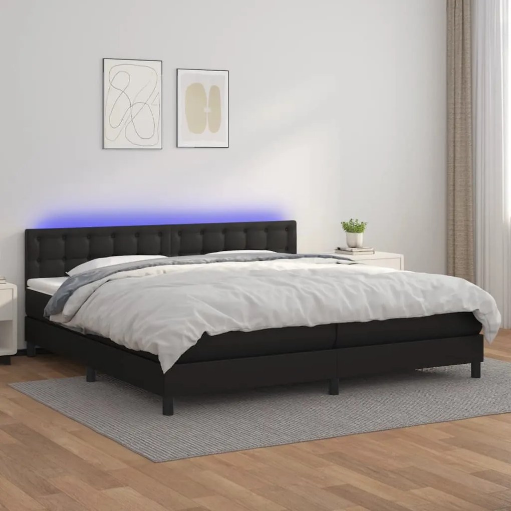 Cama box spring c/ colchão/LED 200x200cm couro artificial preto