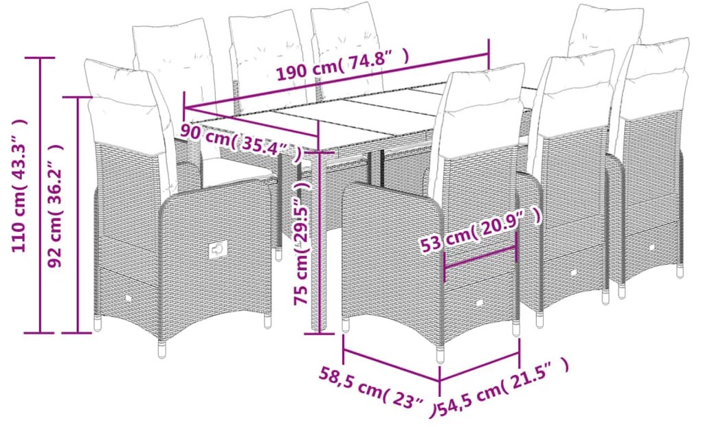 9 pcs conjunto bistrô de jardim c/ almofadões vime PE castanho