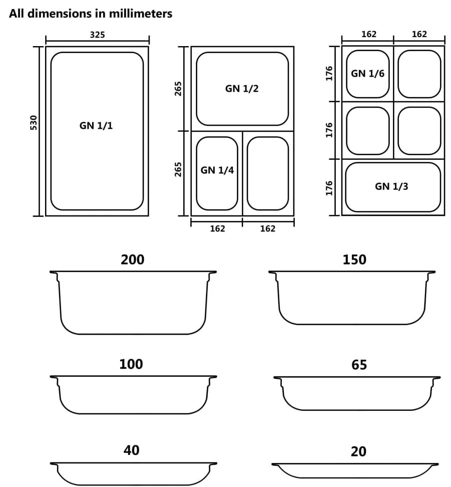 Recipientes gastronorm 4 pcs GN 1/1 65 mm aço inoxidável