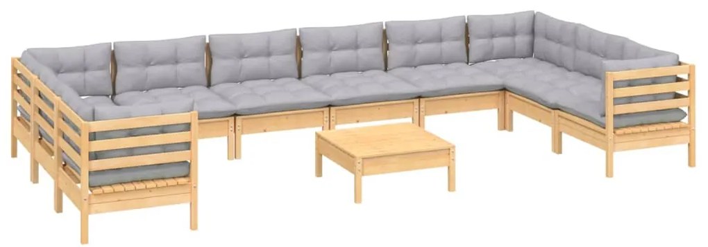 11 pcs conjunto lounge de jardim c/ almofadões cinzentos pinho