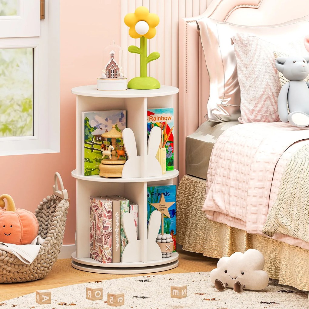 Estante giratória para crianças 40 x 40 x 65 cm Estante infantil com 2 níveis e separadores de coelhos 360 graus Branco