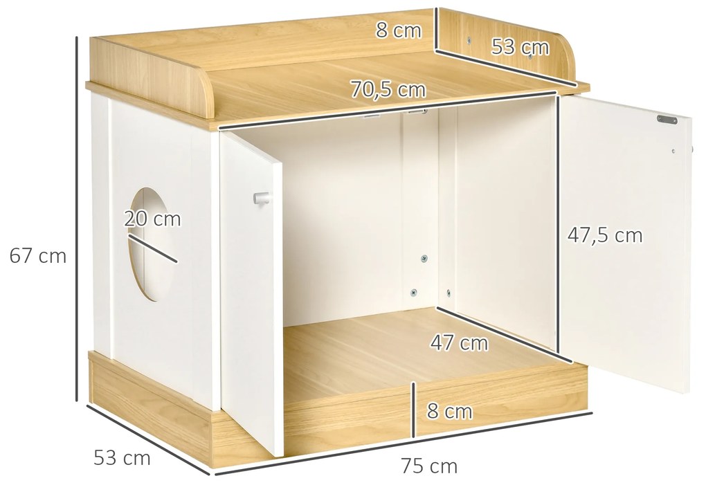 Casa para Gatos de Madeira Móvel Caixa de Areia para Gatos 2 em 1 com Bancada de Armazenamento Dupla Porta e Orifício de Entrada Lateral 75x53x67cm Br