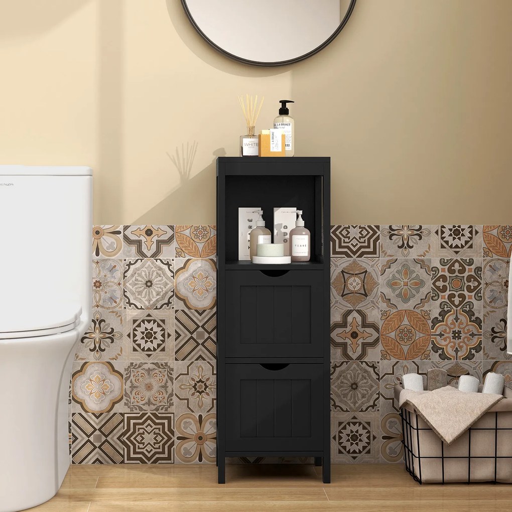 Armário para casa de banho com gavetas de arrumação 30 x 30 x 89 cm, com 2 gavetas extraíveis, lateral estreita,  preto