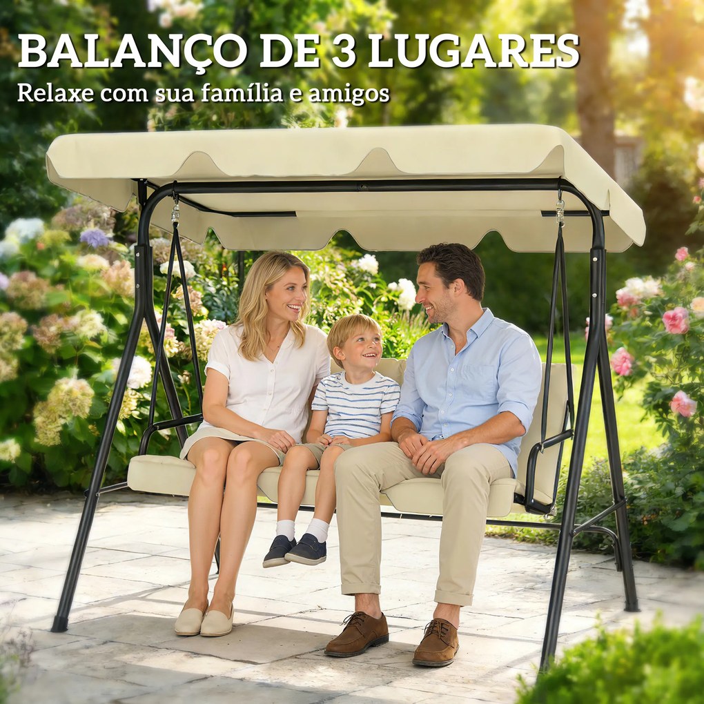 Baloiço de jardim exterior 3 lugares com suporte 172x118x153 cm bege