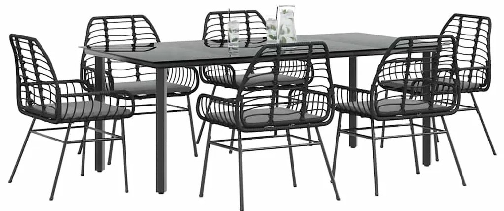 Conjunto de jantar jardim 7 peças almofadas vidro vime PE preto