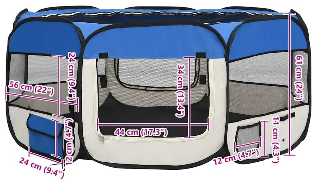 Parque dobrável p/ cão c/ saco de transporte 145x145x61cm azul