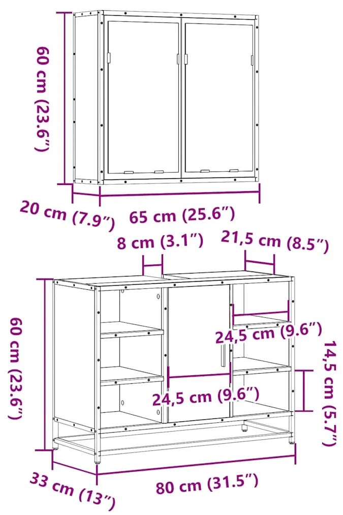 2 pcs conjunto móveis WC derivados de madeira sonoma cinza