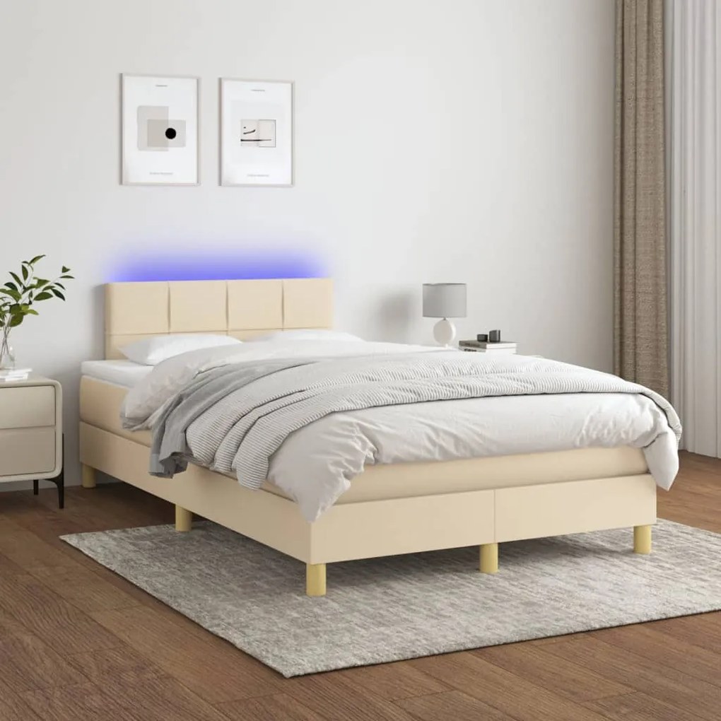 Cama box spring c/ colchão e LED 120x200 cm tecido cor creme