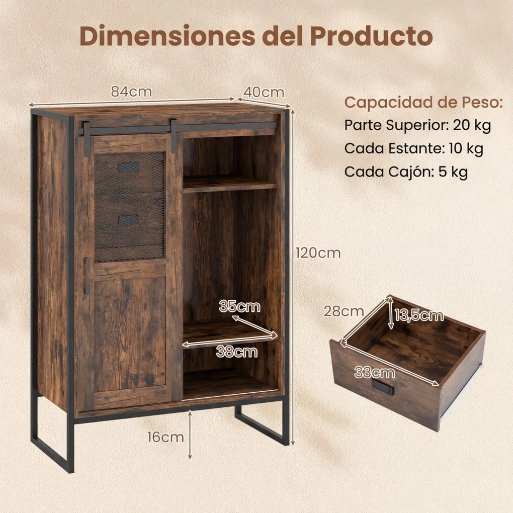 Armário de arrumação, estilo rústico 84 x 40 x 120 cm, com porta de correr, 5 gavetas e prateleiras ajustáveis ideal para casa de banho, sala de estar