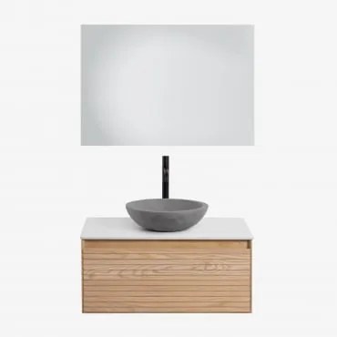 Conjunto De Móveis De Banheiro Em Madeira Tedrik Ash Castanho Fresno & Cimento Cinzento Redondo Ø40 Cm Tarsis & Led Retangular - Sklum