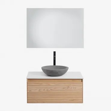 Conjunto De Móvel De Casa De Banho Suspenso Em Madeira De Freixo Tedrik Castanho Fresno & Cimento Cinzento Redondo Ø40 Cm Tarsis & Led - Sklum