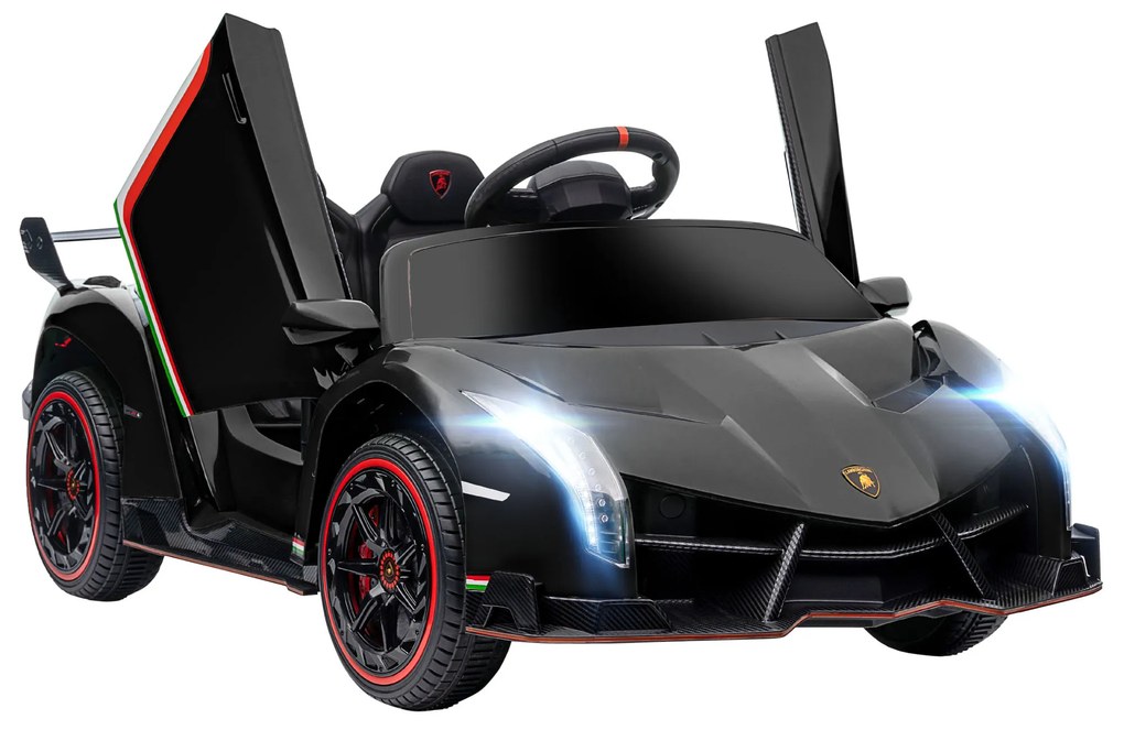 HOMCOM Carro Elétrico Lamborghini 12V Velocidade Máxima 7 km/h com Controlo Remoto MP3 Luzes e Cinto de Segurança 111x61x45 cm Preto