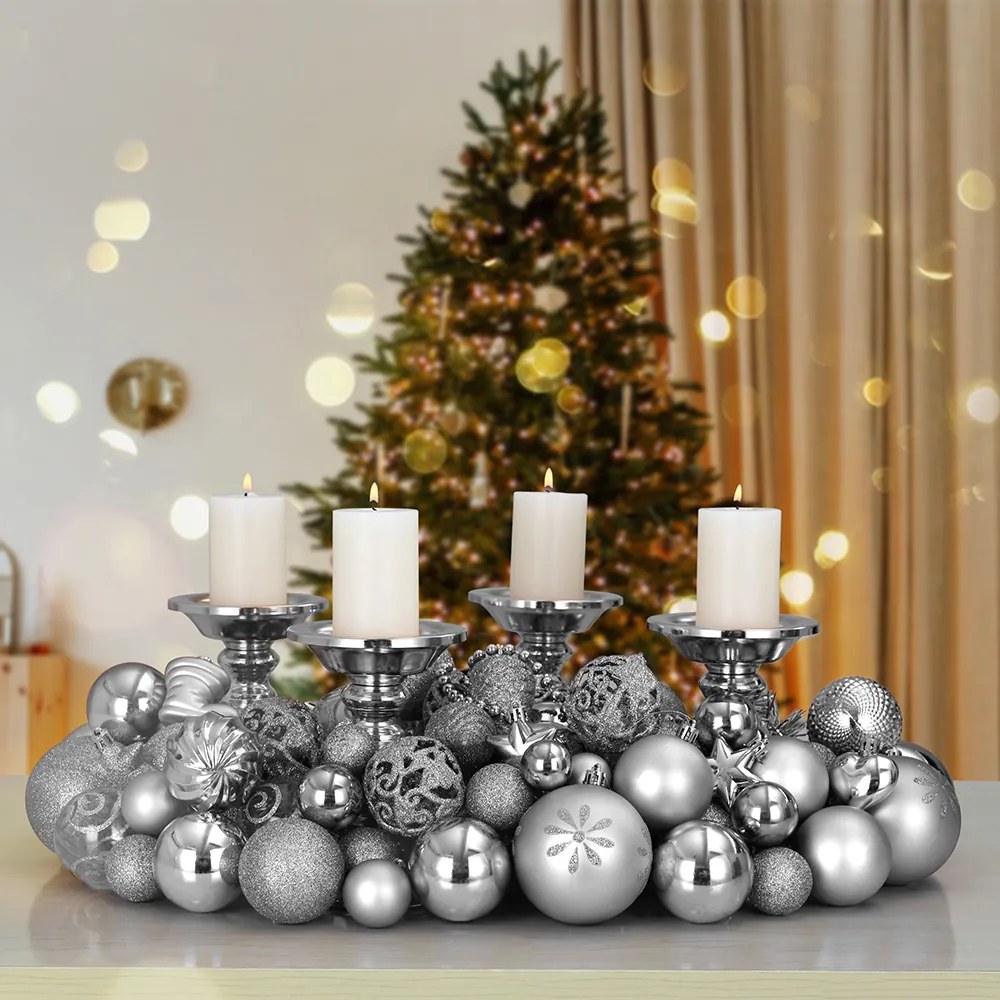 Conjunto de 103 bolas de Natal com diversos tamanhos e padrões Prateado